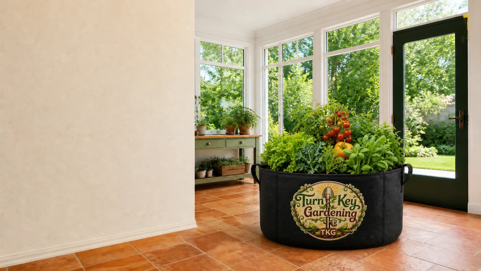 A Hydro-Copia growing system in a sunlit screened garden room